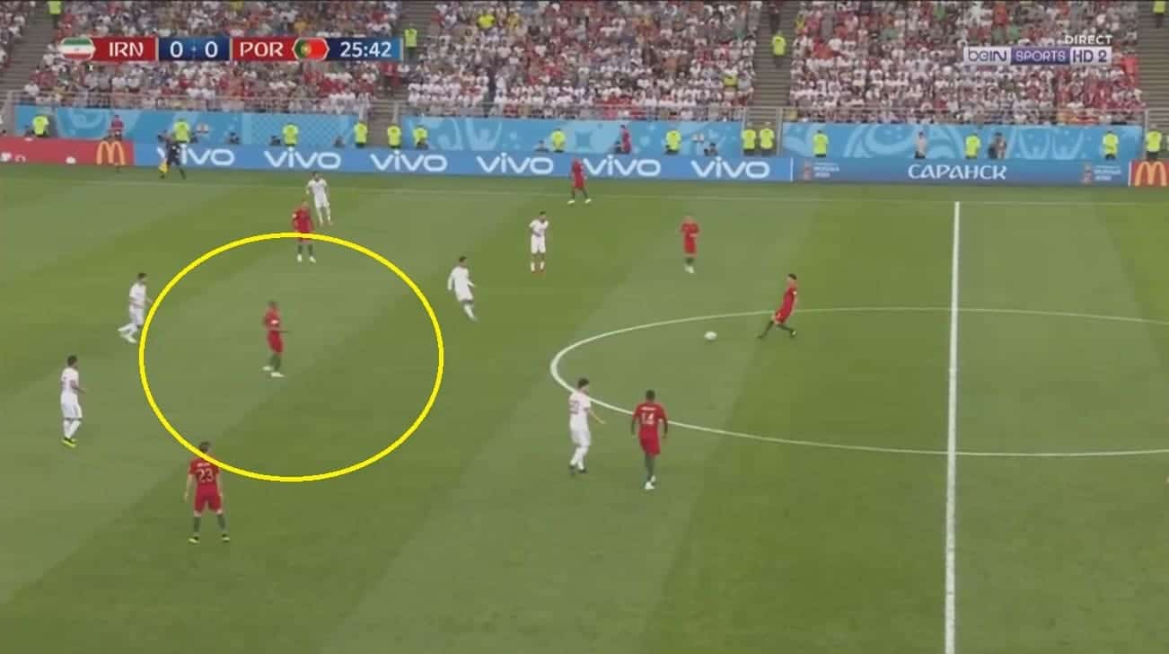 Mário from the left wing cut deep and dropped in to the space between Iran's lines to join the play there.