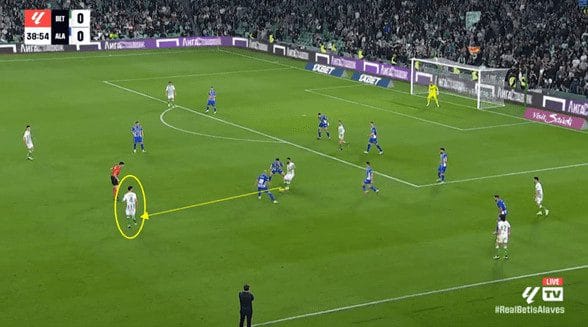 Here, we see Real Betis’s left back pressing his direct opponent diligently.<p>Despite this being required, it has left a massive gap down the left flank to be exploited.<p>Cardoso is quick to spot a dangerous run in this area and provides the needed cover to allow him to put the attack to a stop.<p>In possession, Cardoso’s primary strength is giving sufficient support from behind the ball.<p>Often, he can be seen providing angles for his teammates so that they can recycle possession.<p>In these situations, Cardoso is excellent at passing the ball off to a teammate in one or two touches and he never appears to lose composure under pressure.<p>