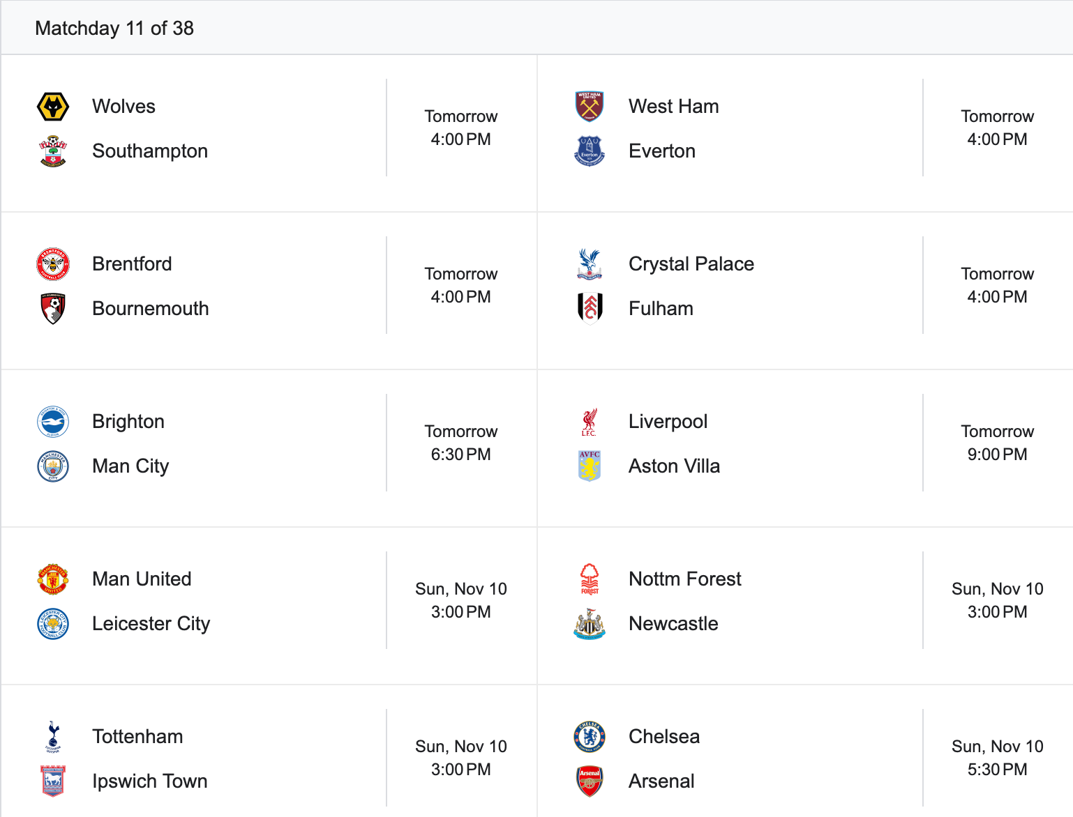 FPL Matchweek 11 Fixtures