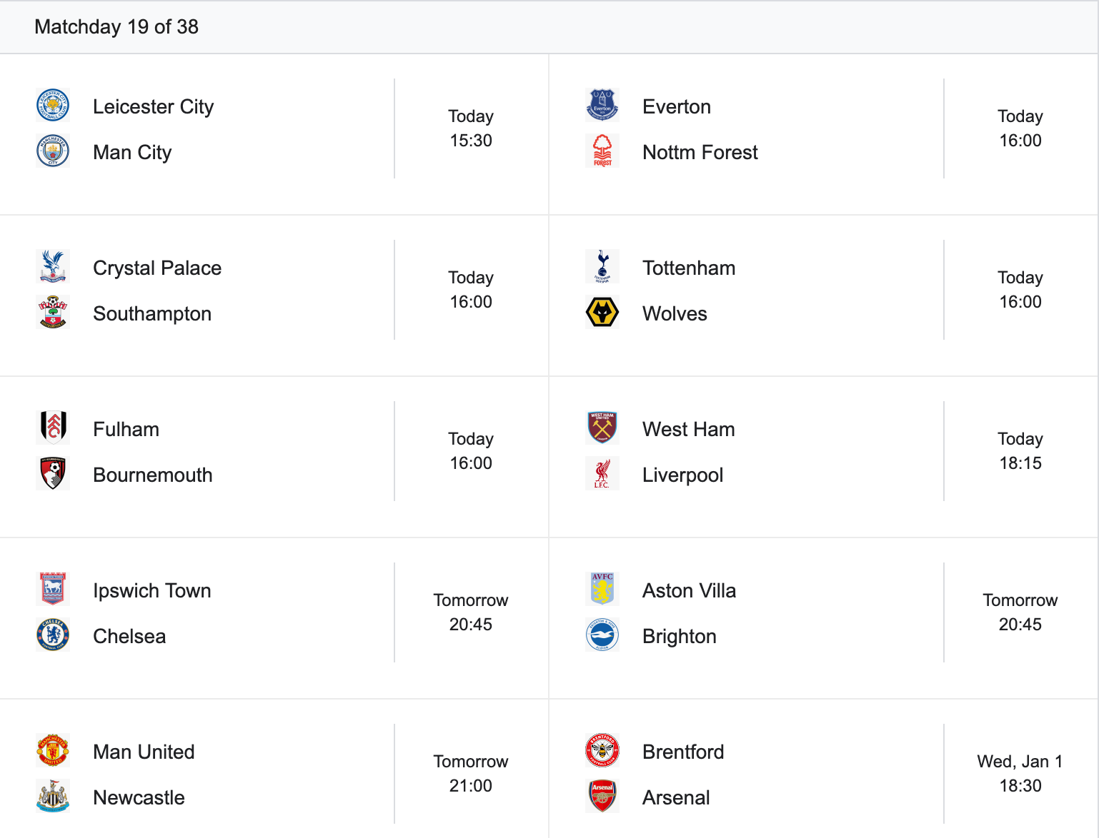 FPL GW19 Fixtures